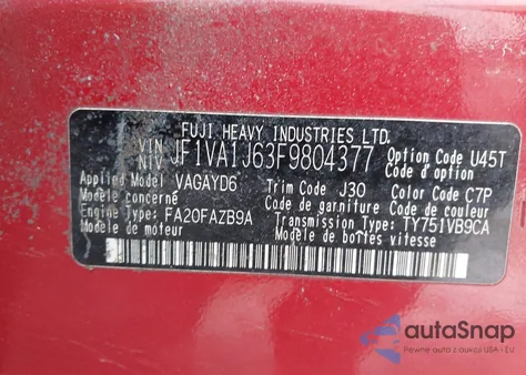 2015 Subaru Wrx Limited из США, поврежденный, VIN JF1VA1J63F9804377